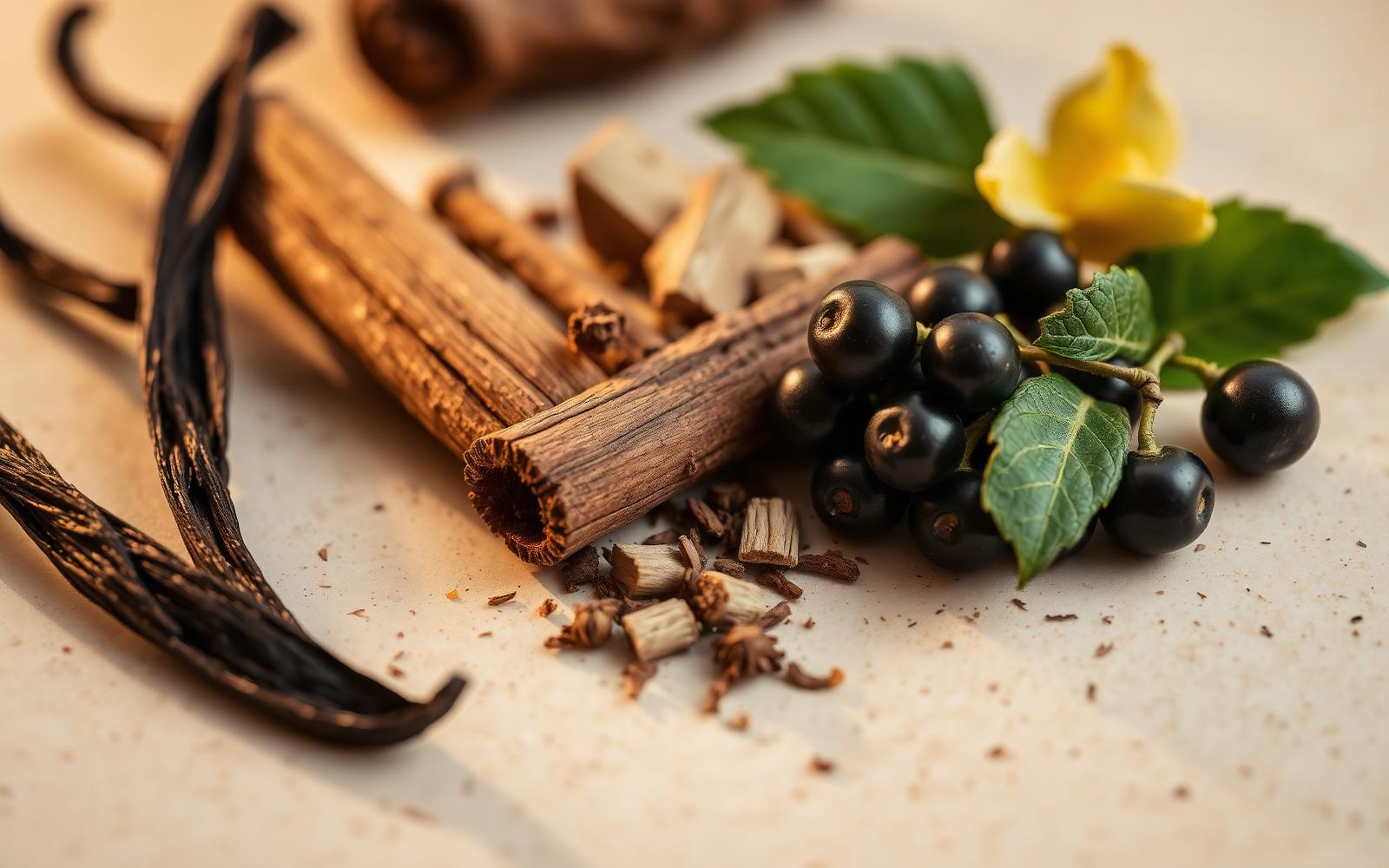 Vanilla, cedar, and cassis ingredients used in Flawless Scents fragrances